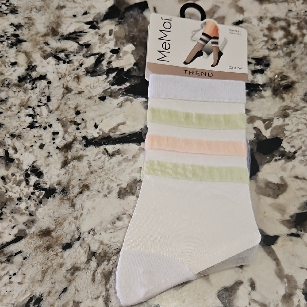 2/$10 NWT MeMoi White, Green, and Peach Sheer Crew Socks